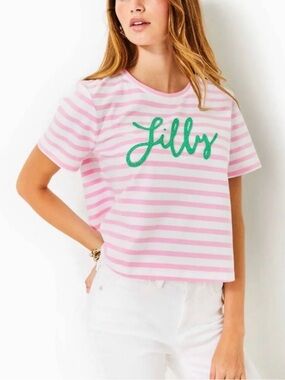 Lilly Pulitzer Keenan Cropped Top Pink & White Striped with Green Logo